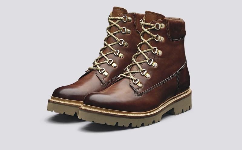 Grenson Rutherford Mens Hiker Boots - Brown Handpainted Leather with Commando Sole ZY0823